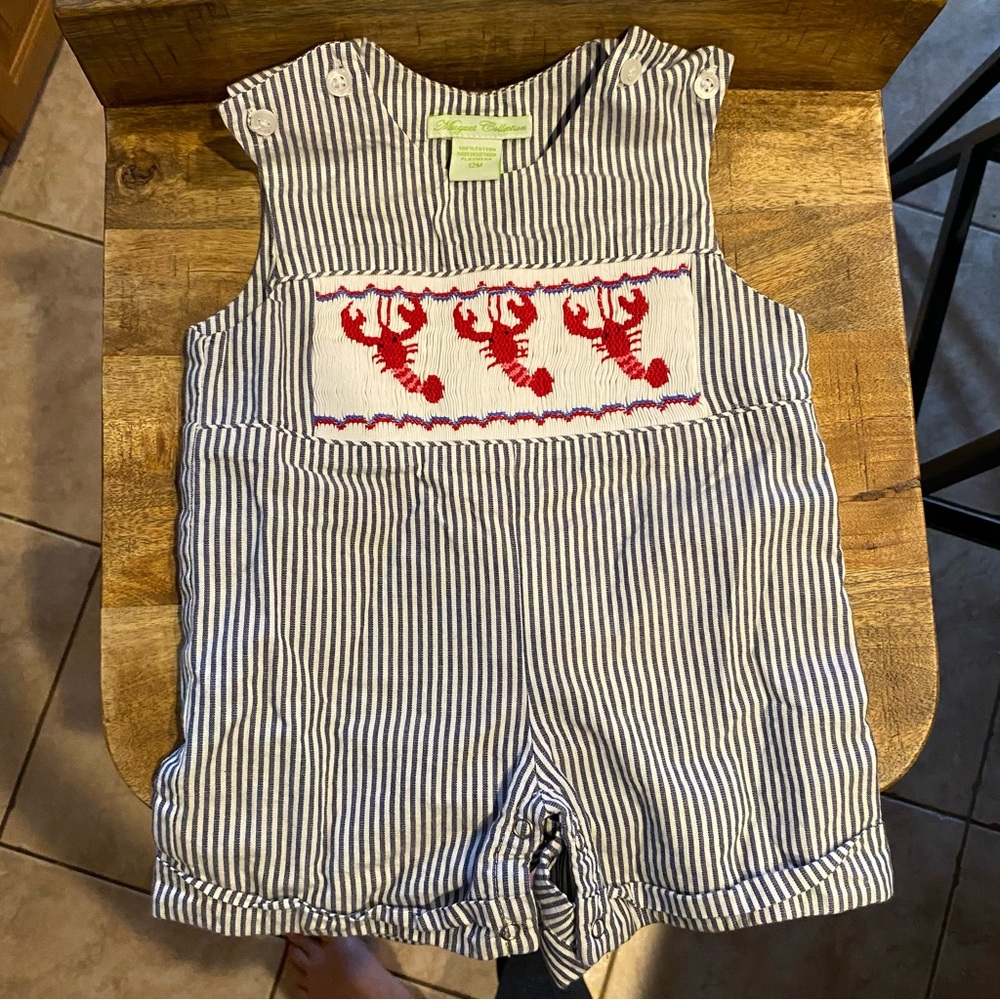 Baby boy 12 month shorts romper. Cute crab print. Blue and white striped.